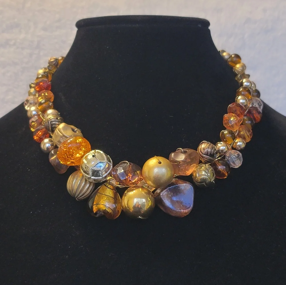 Abra Couture Golden GLOWY Necklace, Amber & Murano Glass Elements, Designer - Picture 3 of 6